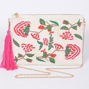 BNWT Flower Embroidered Cotton Linen Convertible Envelope Clutch Bag